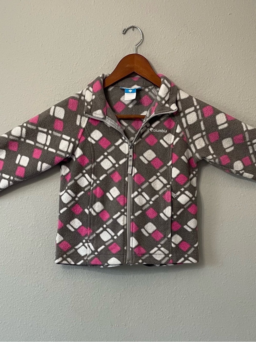 Girls Columbia Gray, Pink & White Diamond Argyle Print Fleece Jacket SZ 6/6X